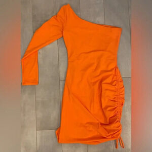 Bumpsuit One Shoulder Body Con Ruched Mini Dress Orange Size Medium